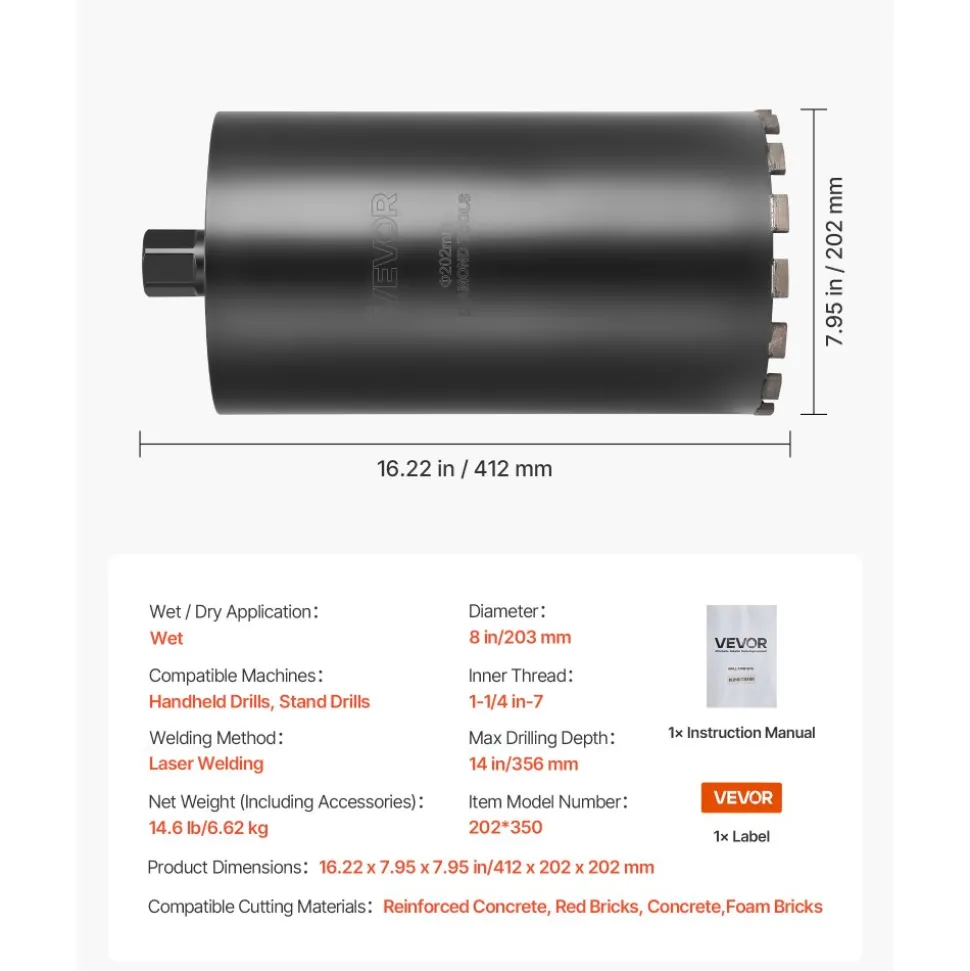 VEVOR Core Drill Bit, 8 inch Diameter, 14 inch Drilling Depth, 1-1/4 in-7 Internal Thread, High-Precision Welding Technology, Wet Diamond Core Bit for Reinforced Concrete, Red Bricks, and Masonry