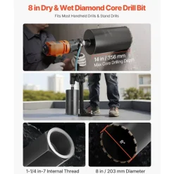 VEVOR Core Drill Bit, 8 inch Diameter, 14 inch Drilling Depth, 1-1/4 in-7 Internal Thread, High-Precision Welding Technology, Wet Diamond Core Bit for Reinforced Concrete, Red Bricks, and Masonry