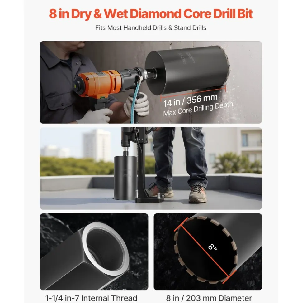 VEVOR Core Drill Bit, 8 inch Diameter, 14 inch Drilling Depth, 1-1/4 in-7 Internal Thread, High-Precision Welding Technology, Wet Diamond Core Bit for Reinforced Concrete, Red Bricks, and Masonry
