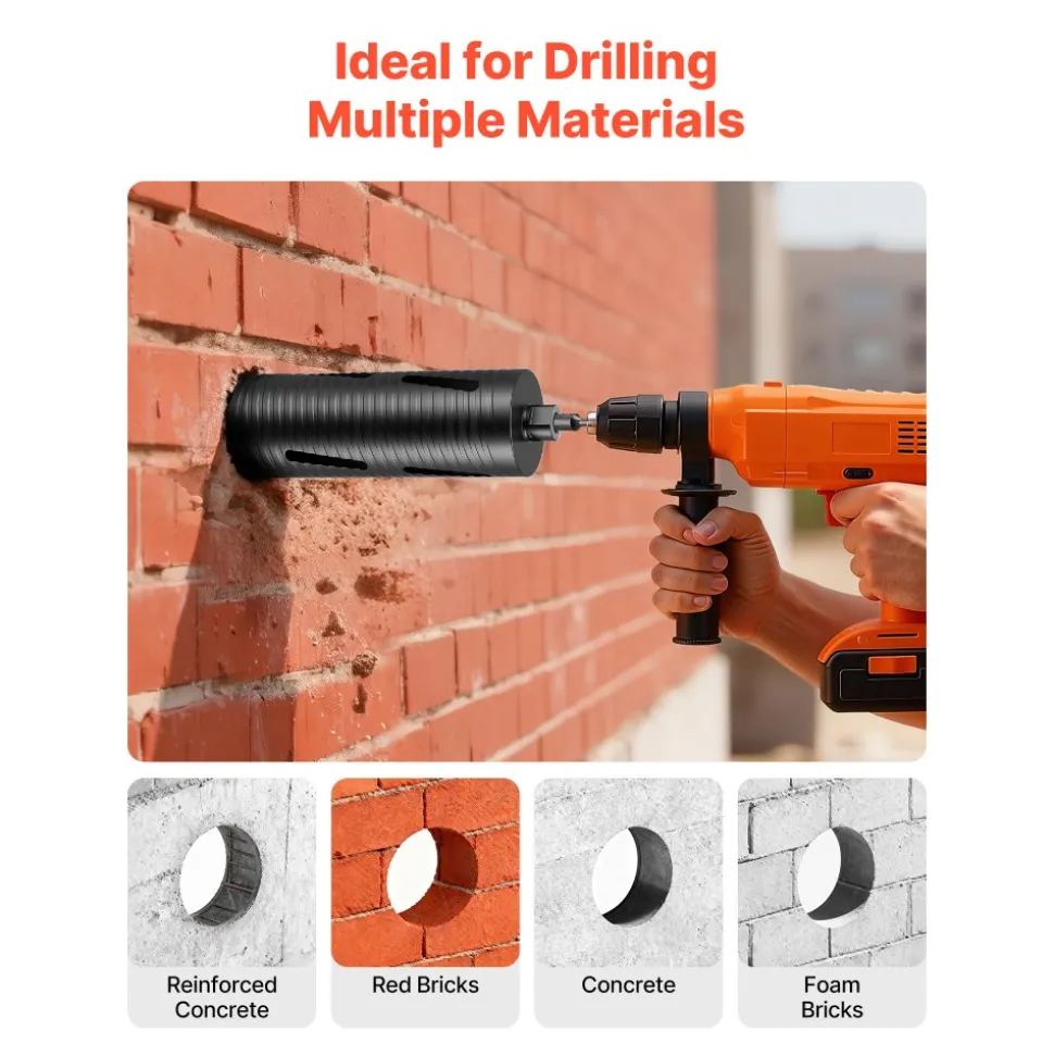 VEVOR Core Drill Bit, 3-1/2 inch Diameter, 9-1/2 inch Drilling Depth, 5/8-11 Internal Thread, Diamond Dry Coring Bit with 3 Adapters, Pilot Drill and Hex Wrench, for Concrete, Red Bricks, and Masonry