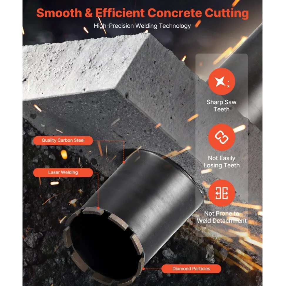 VEVOR Core Drill Bit, 4-1/2 inch Diameter, 14 inch Drilling Depth, 1-1/4 in-7 Internal Thread, High-Precision Welding Technology, Wet Diamond Core Bit for Reinforced Concrete, Bricks, and Masonry
