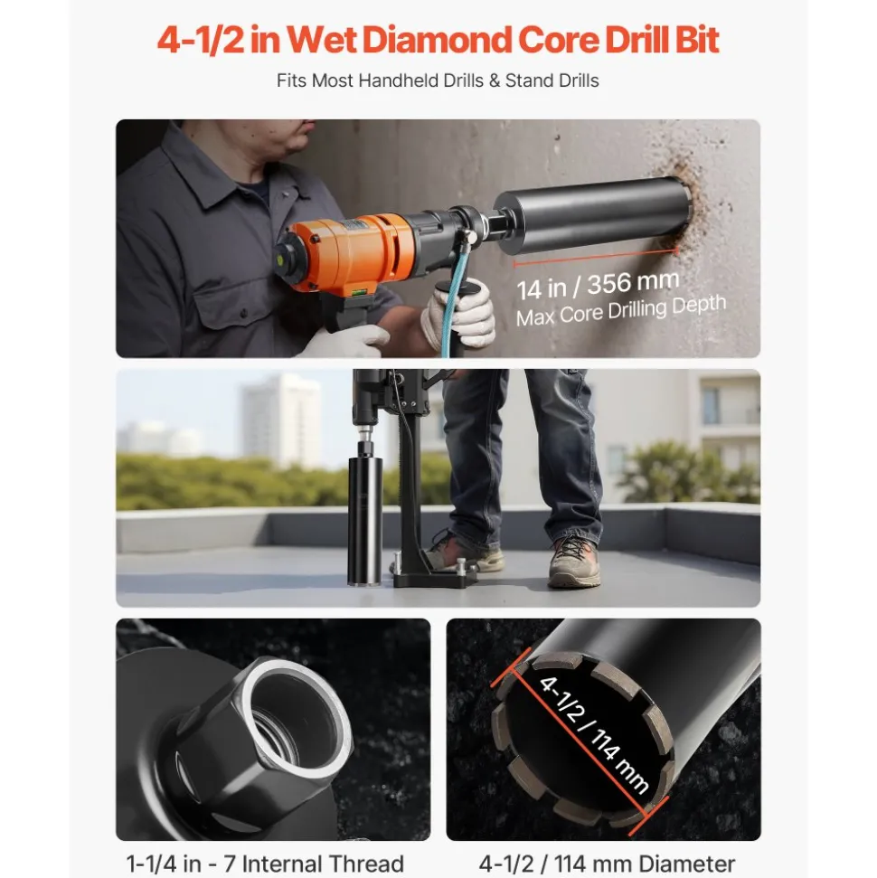 VEVOR Core Drill Bit, 4-1/2 inch Diameter, 14 inch Drilling Depth, 1-1/4 in-7 Internal Thread, High-Precision Welding Technology, Wet Diamond Core Bit for Reinforced Concrete, Bricks, and Masonry