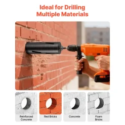 VEVOR Core Drill Bit, 4 inch Diameter, 9-1/2 inch Drilling Depth, 5/8-11 Internal Thread, Diamond Dry Coring Bit with 3 Adapters, Pilot Drill and Hex Wrench, for Concrete, Red Bricks, and Masonry