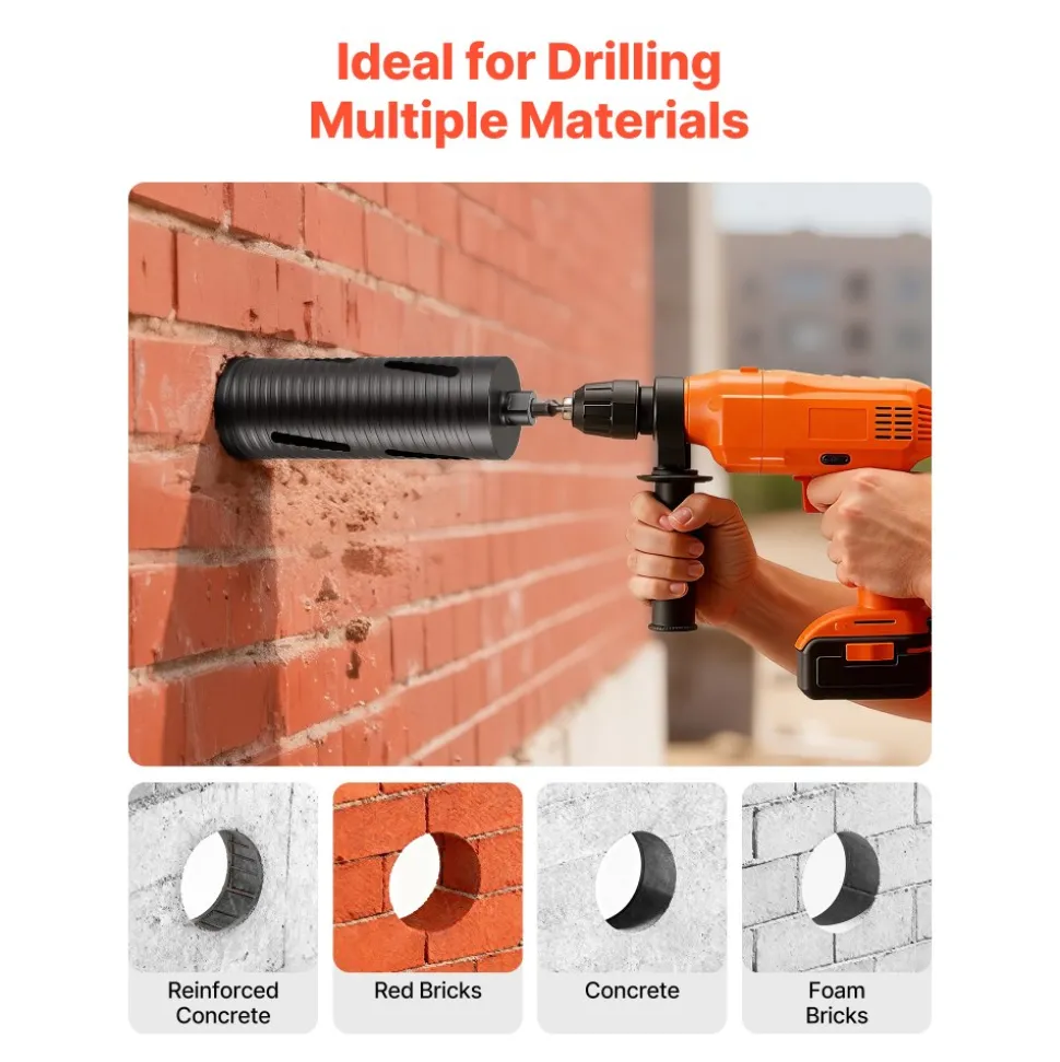 VEVOR Core Drill Bit, 4 inch Diameter, 9-1/2 inch Drilling Depth, 5/8-11 Internal Thread, Diamond Dry Coring Bit with 3 Adapters, Pilot Drill and Hex Wrench, for Concrete, Red Bricks, and Masonry
