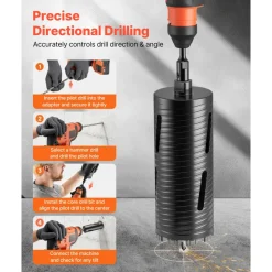 VEVOR Core Drill Bit, 4 inch Diameter, 9-1/2 inch Drilling Depth, 5/8-11 Internal Thread, Diamond Dry Coring Bit with 3 Adapters, Pilot Drill and Hex Wrench, for Concrete, Red Bricks, and Masonry