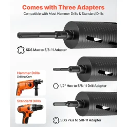 VEVOR Core Drill Bit, 4 inch Diameter, 9-1/2 inch Drilling Depth, 5/8-11 Internal Thread, Diamond Dry Coring Bit with 3 Adapters, Pilot Drill and Hex Wrench, for Concrete, Red Bricks, and Masonry