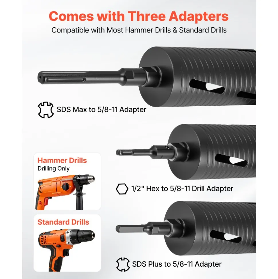 VEVOR Core Drill Bit, 4 inch Diameter, 9-1/2 inch Drilling Depth, 5/8-11 Internal Thread, Diamond Dry Coring Bit with 3 Adapters, Pilot Drill and Hex Wrench, for Concrete, Red Bricks, and Masonry