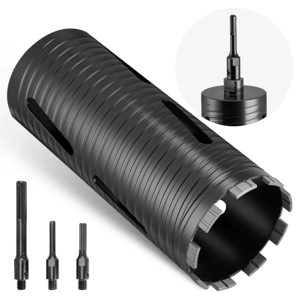 VEVOR Core Drill Bit, 4 inch Diameter, 9-1/2 inch Drilling Depth, 5/8-11 Internal Thread, Diamond Dry Coring Bit with 3 Adapters, Pilot Drill and Hex Wrench, for Concrete, Red Bricks, and Masonry