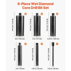 VEVOR Core Drill Bit, 6 Pieces, 1/2/3/4/5/6 inch Diameter, 14 inch Drilling Depth, 1-1/4 in-7 Internal Thread, High-Precision Welding, Wet Diamond Core Bit for Reinforced Concrete, Bricks, and Masonry