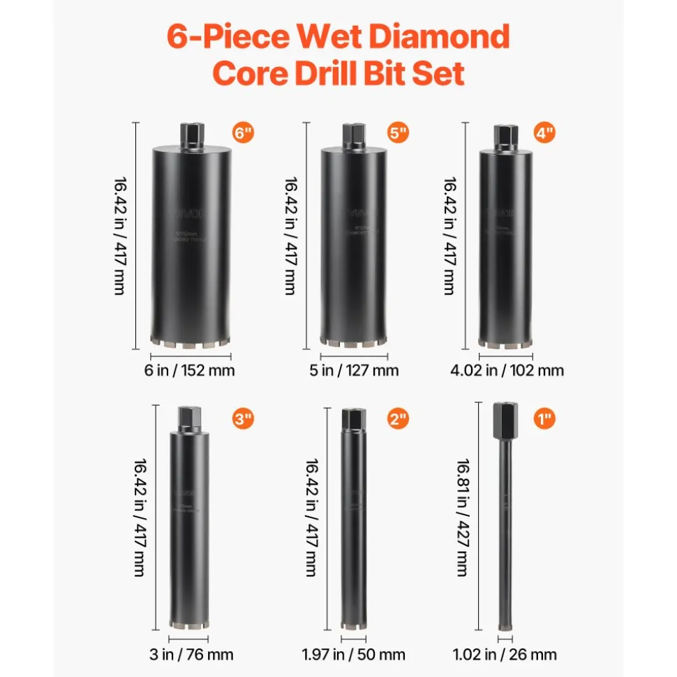 VEVOR Core Drill Bit, 6 Pieces, 1/2/3/4/5/6 inch Diameter, 14 inch Drilling Depth, 1-1/4 in-7 Internal Thread, High-Precision Welding, Wet Diamond Core Bit for Reinforced Concrete, Bricks, and Masonry