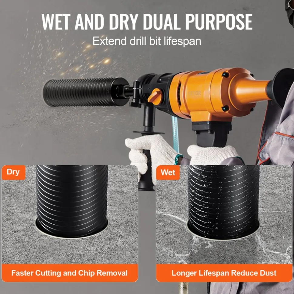 VEVOR Core Drill Bit, 2.5" Wet/Dry Diamond Core Drill Bits for Brick and Block, Concrete Core Drill Bit with Pilot Bit Adapter and Saw Blade, 9.5" Drilling Depth, 5/8"-11 Inner Thread, Laser Welding