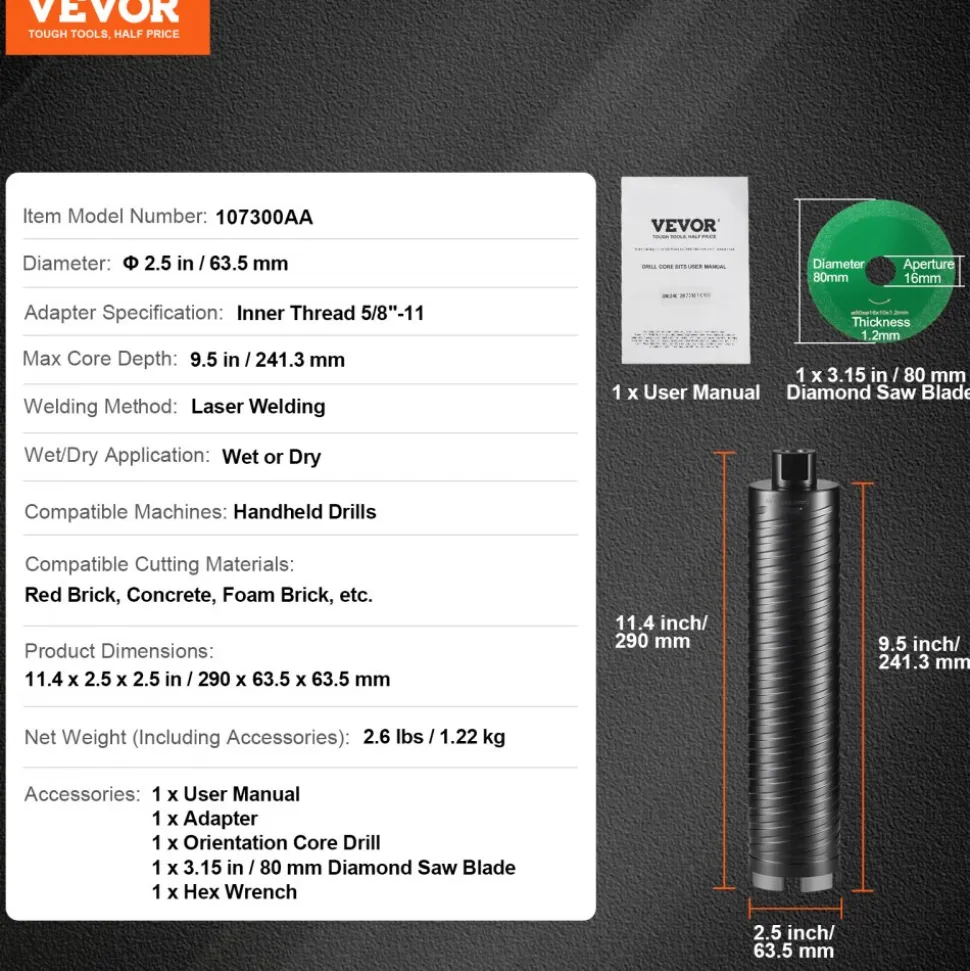 VEVOR Core Drill Bit, 2.5" Wet/Dry Diamond Core Drill Bits for Brick and Block, Concrete Core Drill Bit with Pilot Bit Adapter and Saw Blade, 9.5" Drilling Depth, 5/8"-11 Inner Thread, Laser Welding