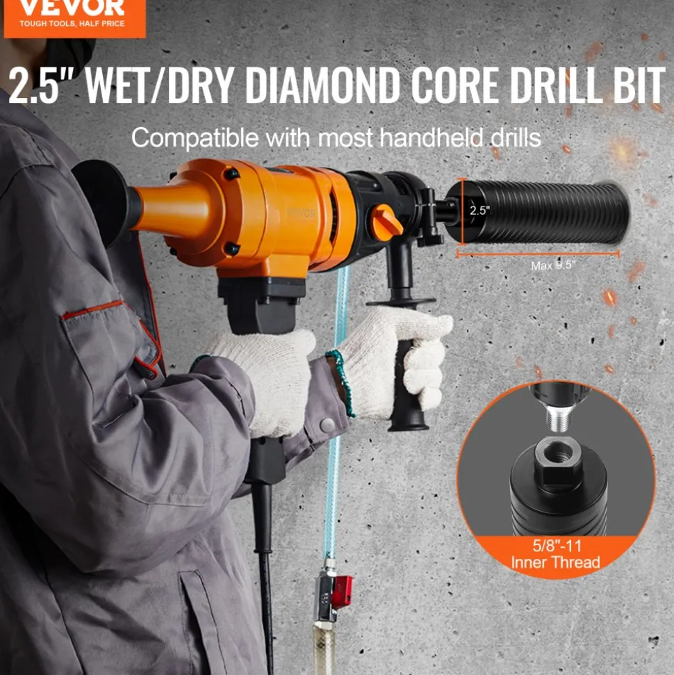 VEVOR Core Drill Bit, 2.5" Wet/Dry Diamond Core Drill Bits for Brick and Block, Concrete Core Drill Bit with Pilot Bit Adapter and Saw Blade, 9.5" Drilling Depth, 5/8"-11 Inner Thread, Laser Welding