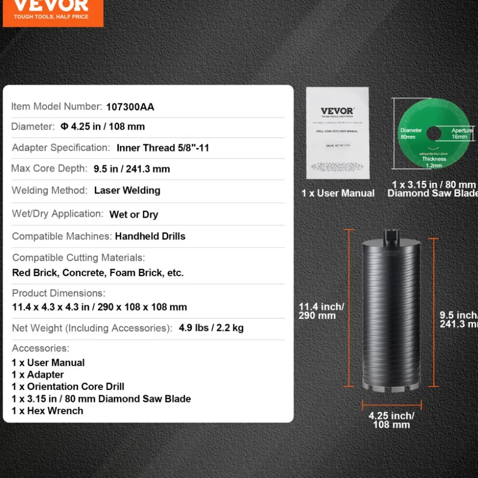VEVOR Core Drill Bit, 4.25" Wet/Dry Diamond Core Drill Bits for Brick and Block, Concrete Core Drill Bit with Pilot Bit Adapter and Saw Blade, 9.5" Drilling Depth, 5/8"-11 Inner Thread, Laser Welding