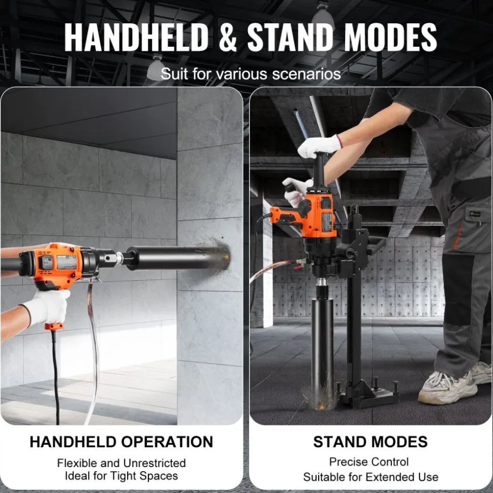 VEVOR Core Drill Machine, 0.8-6.3in Drilling Diameter Handheld Diamond Core Drill Rig with Stand and Core Drill Bit, 2000W Rugged Concrete Core Drill, Wet and Dry Use, For Concrete, Brick, Marble