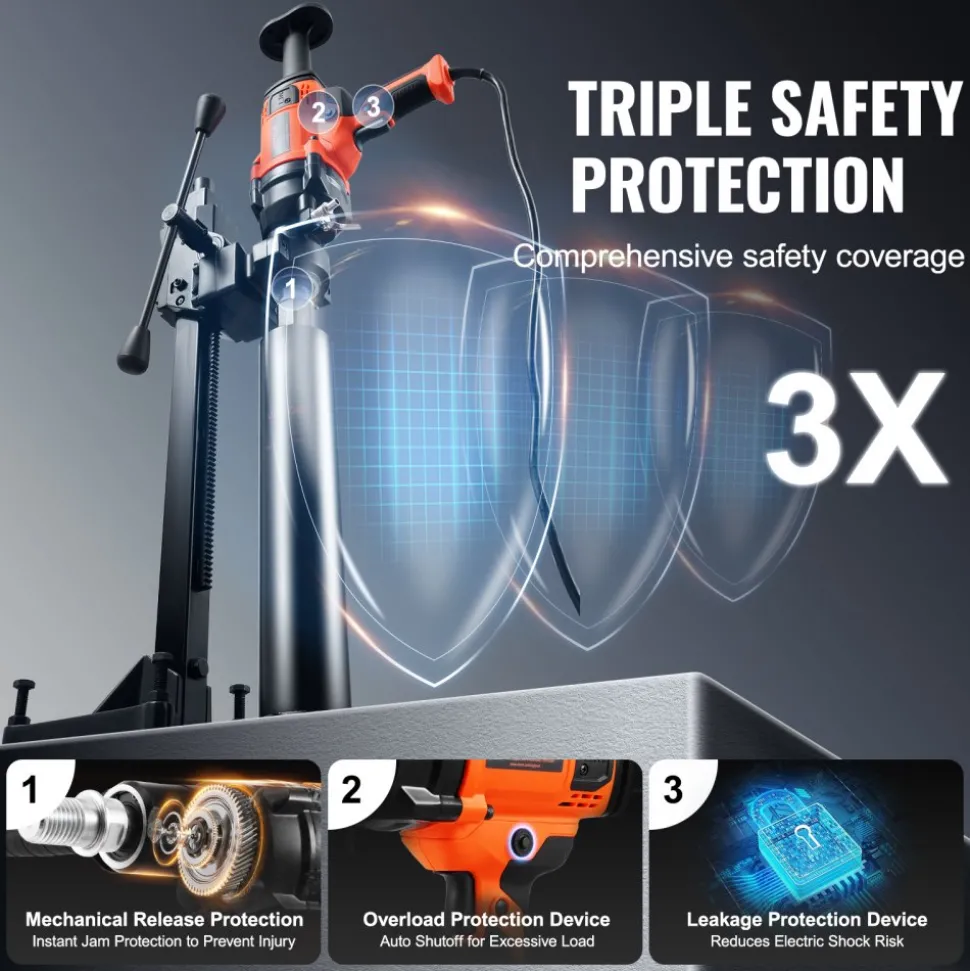 VEVOR Core Drill Machine, 0.8-6.3in Drilling Diameter Handheld Diamond Core Drill Rig with Stand and Core Drill Bit, 2000W Rugged Concrete Core Drill, Wet and Dry Use, For Concrete, Brick, Marble