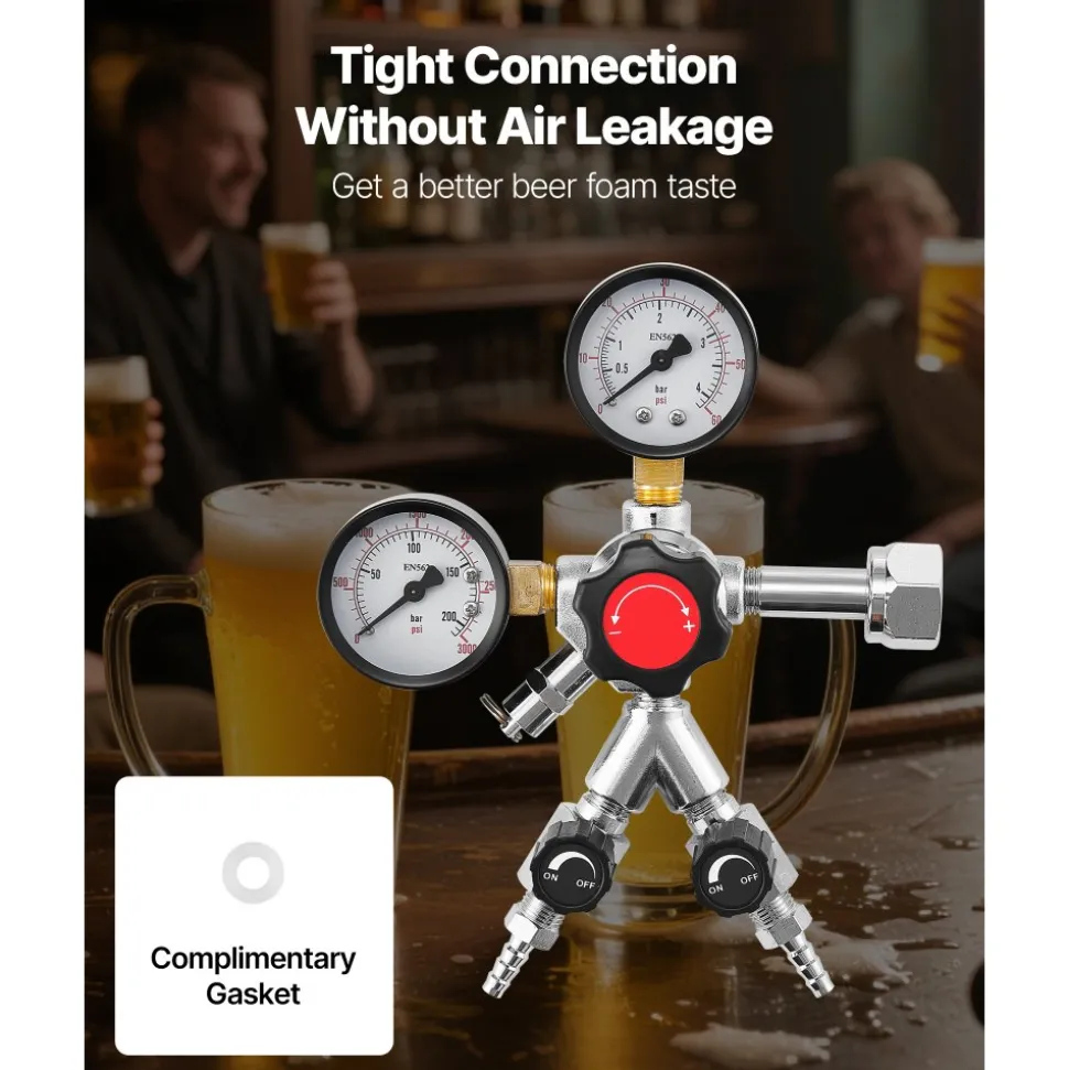 VEVOR CO2 Regulator, Dual-Gauge Dual-Valve Beer Keg Regulator, 0–60 PSI Adjustable Pressure, Heavy-Duty CO2 Tank Gas Regulator with 2 Check Valves, for Draft Beer Homebrewing, Fits CGA320 Interface
