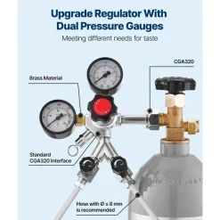 VEVOR CO2 Regulator, Dual-Gauge Dual-Valve Beer Keg Regulator, 0–60 PSI Adjustable Pressure, Heavy-Duty CO2 Tank Gas Regulator with 2 Check Valves, for Draft Beer Homebrewing, Fits CGA320 Interface