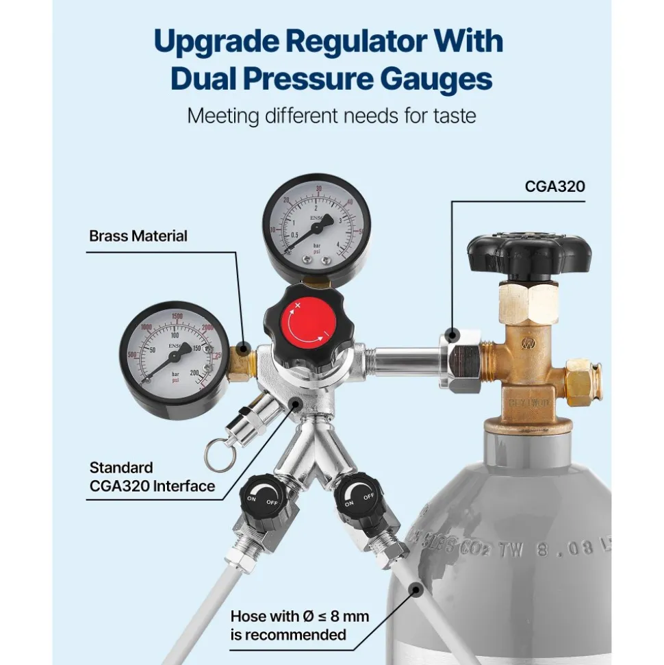 VEVOR CO2 Regulator, Dual-Gauge Dual-Valve Beer Keg Regulator, 0–60 PSI Adjustable Pressure, Heavy-Duty CO2 Tank Gas Regulator with 2 Check Valves, for Draft Beer Homebrewing, Fits CGA320 Interface