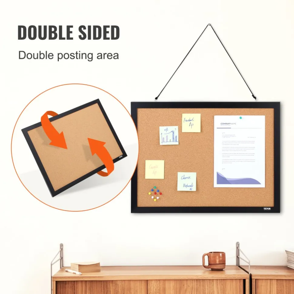 VEVOR Cork Board, 24 x 18 inches, Double-sided Bulletin Board with MDF Sticker Frame, Vision Board Includes 10 Pushpins, for Display and Decoration in Office Home and School