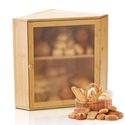 VEVOR Corner Bread Box for Kitchen Counter, Double Layer Large Capacity Bamboo Bread Storage Container, Farmhouse Wooden Breadbox for Homemade Bread, Storage Holder Bin with Acrylic Wavy Door, Natural