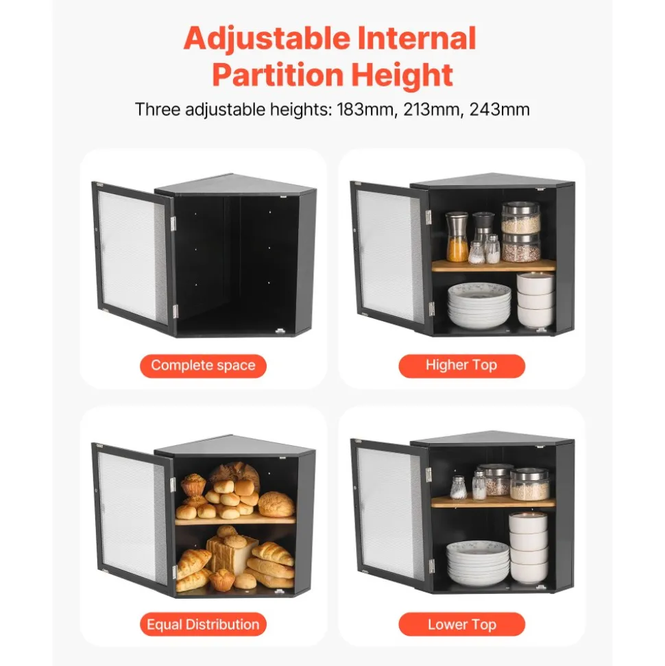 VEVOR Corner Bread Box for Kitchen Counter, Double Layer Large Capacity Bamboo Bread Storage Container, Farmhouse Wooden Breadbox for Homemade Bread, Storage Holder Bin with Acrylic Wavy Door, Black