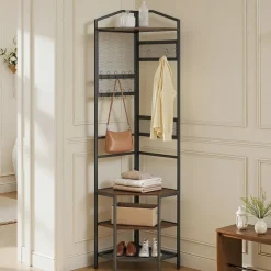 VEVOR Corner Hall Tree, 71.3 in Coat Rack with Hooks, Top Shelf & Steel Frame, Freestanding Clothes Shoes Rack Storage Organizer with Anti-Tip Set, Adjustable Non-Slip Feet for Entrance Closet Office