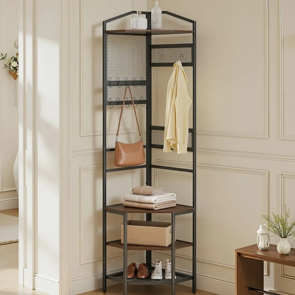 VEVOR Corner Hall Tree, 71.3 in Coat Rack with Hooks, Top Shelf & Steel Frame, Freestanding Clothes Shoes Rack Storage Organizer with Anti-Tip Set, Adjustable Non-Slip Feet for Entrance Closet Office
