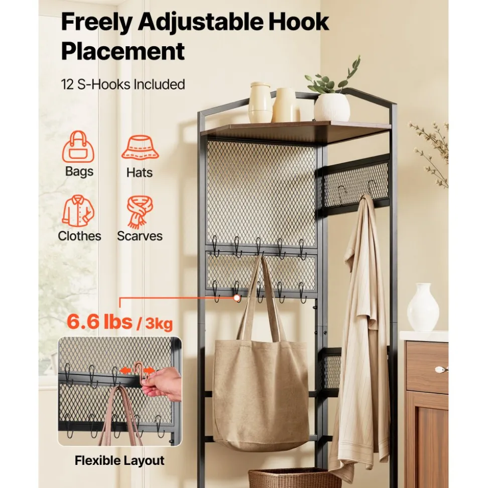 VEVOR Corner Hall Tree, 71.3 in Coat Rack with Hooks, Top Shelf & Steel Frame, Freestanding Clothes Shoes Rack Storage Organizer with Anti-Tip Set, Adjustable Non-Slip Feet for Entrance Closet Office