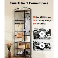 VEVOR Corner Hall Tree, 71.3 in Coat Rack with Hooks, Top Shelf & Steel Frame, Freestanding Clothes Shoes Rack Storage Organizer with Anti-Tip Set, Adjustable Non-Slip Feet for Entrance Closet Office