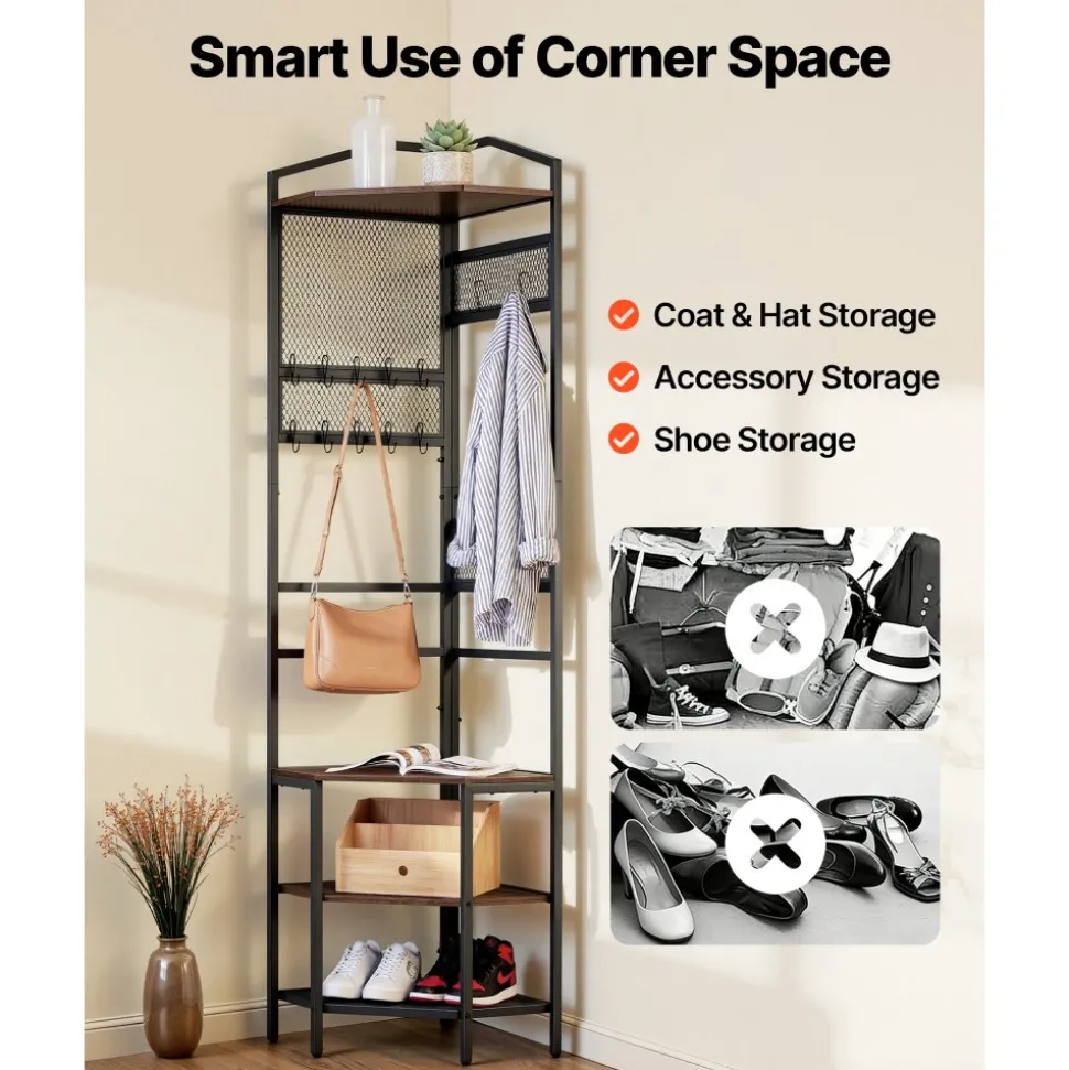 VEVOR Corner Hall Tree, 71.3 in Coat Rack with Hooks, Top Shelf & Steel Frame, Freestanding Clothes Shoes Rack Storage Organizer with Anti-Tip Set, Adjustable Non-Slip Feet for Entrance Closet Office