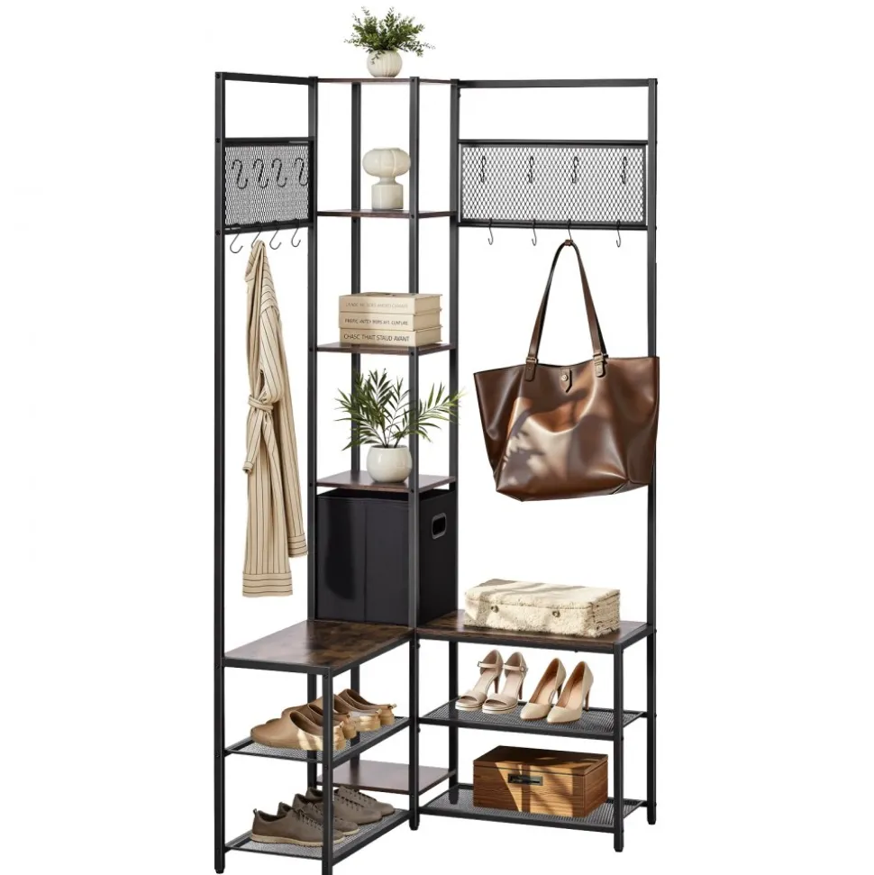 VEVOR Corner Hall Tree with Shoe Bench, 70.9 in Coat Rack with Hooks and Steel Frame, Freestanding Clothes Shoes Rack Storage Organizer with Anti-Tip Set, for Entrance, Closet, Office, Rustic Brown