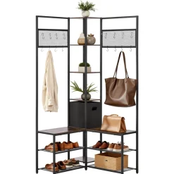 VEVOR Corner Hall Tree with Shoe Bench, 70.9 in Coat Rack with Hooks and Steel Frame, Freestanding Clothes Shoes Rack Storage Organizer with Anti-Tip Set, for Entrance, Closet, Office, Rustic Brown