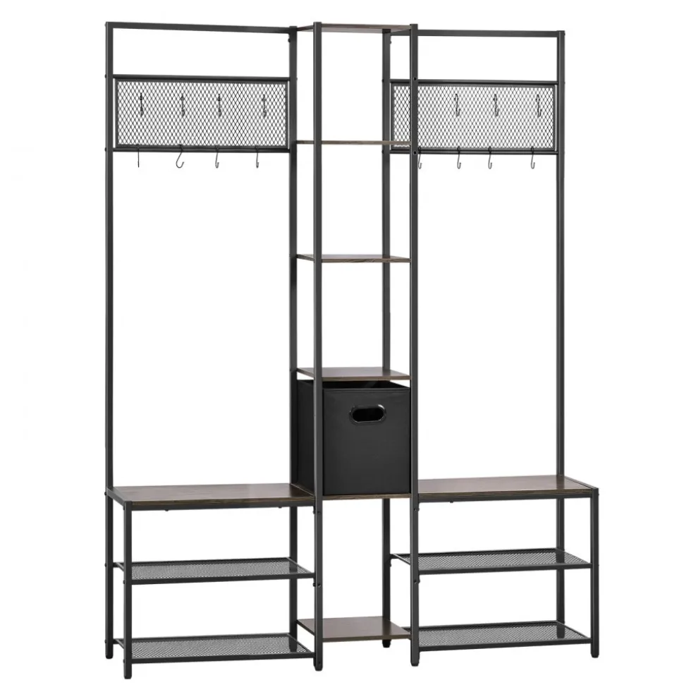 VEVOR Corner Hall Tree with Shoe Bench, 70.9 in Coat Rack with Hooks and Steel Frame, Freestanding Clothes Shoes Rack Storage Organizer with Anti-Tip Set, for Entrance, Closet, Office, Rustic Brown