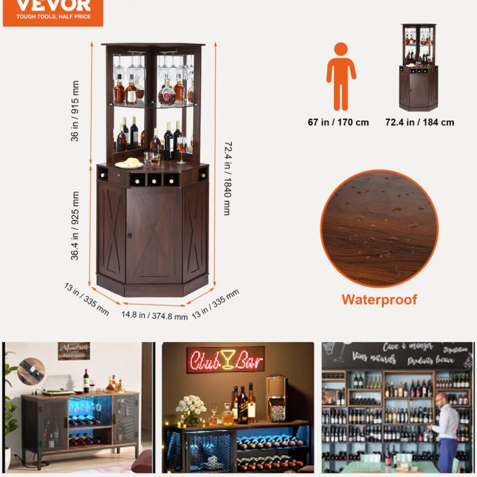VEVOR Corner Industrial Bar Cabinet, Wine Table for Liquor & Glasses, Sideboard Buffet Cabinet with Glass Holder, Freestanding Farmhouse Wood Coffee Bar Cabinet for Living Room, Home Bar, Black Walnut