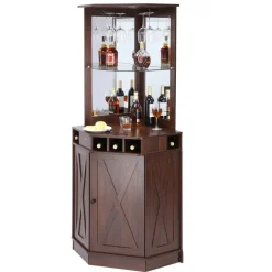 VEVOR Corner Industrial Bar Cabinet, Wine Table for Liquor & Glasses, Sideboard Buffet Cabinet with Glass Holder, Freestanding Farmhouse Wood Coffee Bar Cabinet for Living Room, Home Bar, Black Walnut