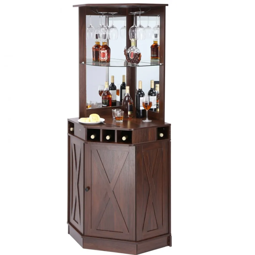 VEVOR Corner Industrial Bar Cabinet, Wine Table for Liquor & Glasses, Sideboard Buffet Cabinet with Glass Holder, Freestanding Farmhouse Wood Coffee Bar Cabinet for Living Room, Home Bar, Black Walnut