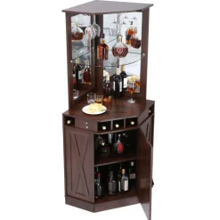 VEVOR Corner Industrial Bar Cabinet, Wine Table for Liquor & Glasses, Sideboard Buffet Cabinet with Glass Holder, Freestanding Farmhouse Wood Coffee Bar Cabinet for Living Room, Home Bar, Black Walnut