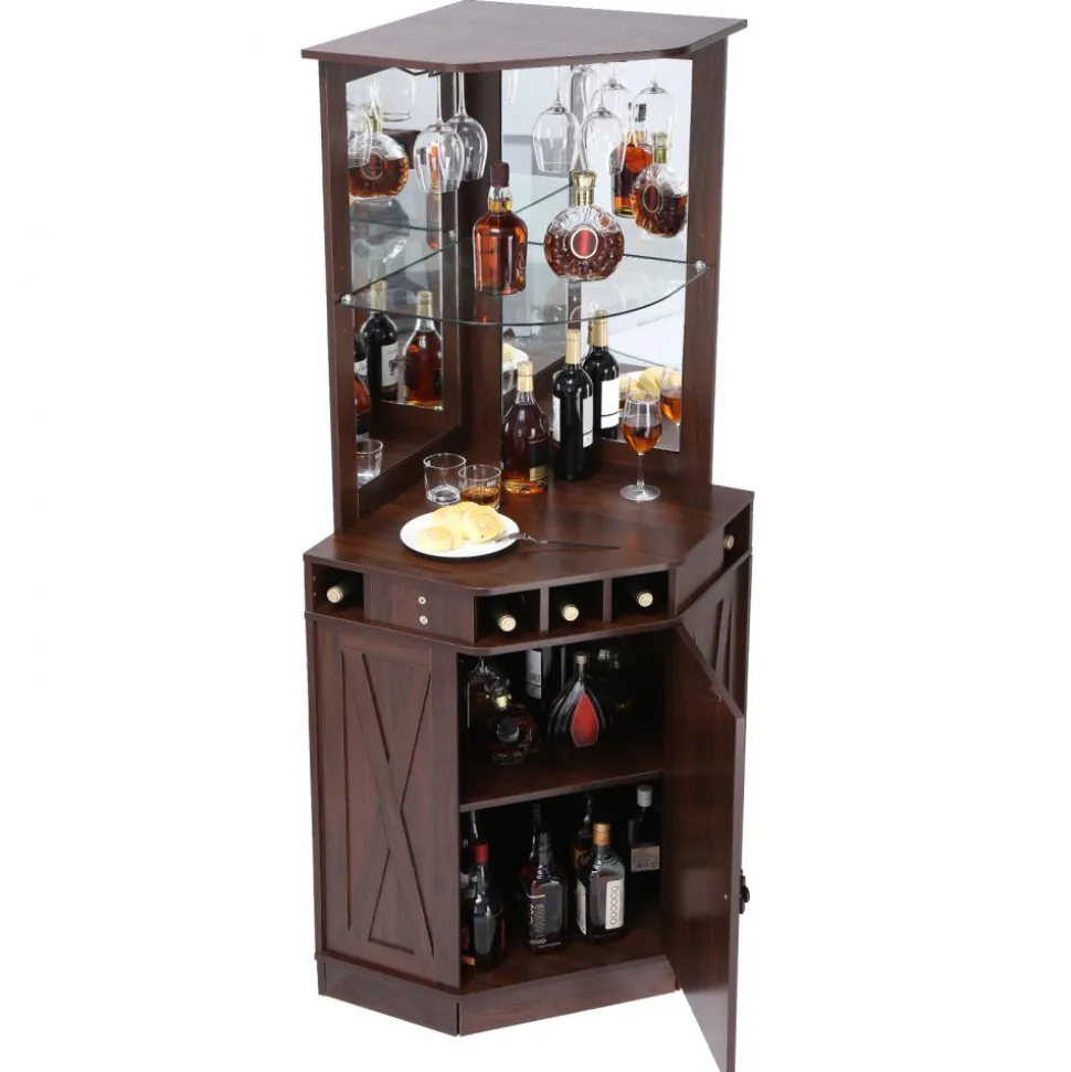 VEVOR Corner Industrial Bar Cabinet, Wine Table for Liquor & Glasses, Sideboard Buffet Cabinet with Glass Holder, Freestanding Farmhouse Wood Coffee Bar Cabinet for Living Room, Home Bar, Black Walnut