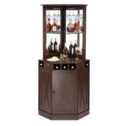 VEVOR Corner Industrial Bar Cabinet, Wine Table for Liquor & Glasses, Sideboard Buffet Cabinet with Glass Holder, Freestanding Farmhouse Wood Coffee Bar Cabinet for Living Room, Home Bar, Black Walnut