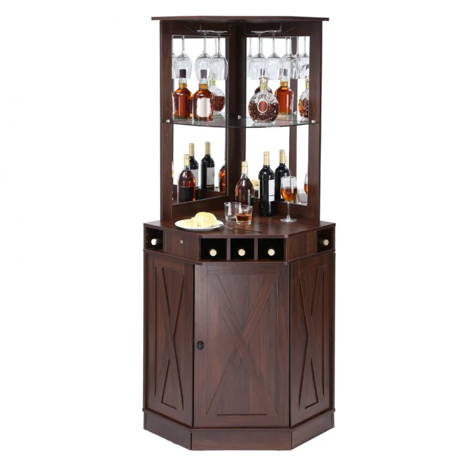 VEVOR Corner Industrial Bar Cabinet, Wine Table for Liquor & Glasses, Sideboard Buffet Cabinet with Glass Holder, Freestanding Farmhouse Wood Coffee Bar Cabinet for Living Room, Home Bar, Black Walnut