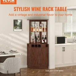 VEVOR Corner Industrial Bar Cabinet, Wine Table for Liquor & Glasses, Sideboard Buffet Cabinet with Glass Holder, Freestanding Farmhouse Wood Coffee Bar Cabinet for Living Room, Home Bar, Black Walnut