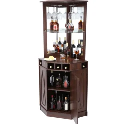 VEVOR Corner Industrial Bar Cabinet, Wine Table for Liquor & Glasses, Sideboard Buffet Cabinet with Glass Holder, Freestanding Farmhouse Wood Coffee Bar Cabinet for Living Room, Home Bar, Black Walnut
