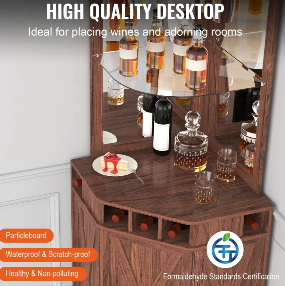 VEVOR Corner Industrial Bar Cabinet, Wine Table for Liquor & Glasses, Sideboard Buffet Cabinet with Glass Holder, Freestanding Farmhouse Wood Coffee Bar Cabinet for Living Room, Home Bar, Black Walnut