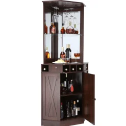 VEVOR Corner Industrial Bar Cabinet, Wine Table for Liquor & Glasses, Sideboard Buffet Cabinet with Glass Holder, Freestanding Farmhouse Wood Coffee Bar Cabinet for Living Room, Home Bar, Black Walnut