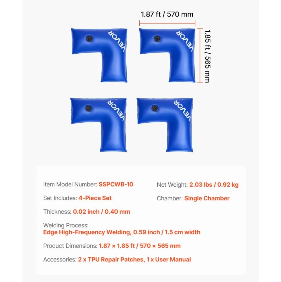 VEVOR Corner Pool Water Tubes, 4 Pack 22.4 x 22.2 in, Corner Winter Water Bags with Leakproof Screw Cap, 0.4mm Heavy Duty PVC, Cold-Resistant Weights for Inground Swimming Pool Covers