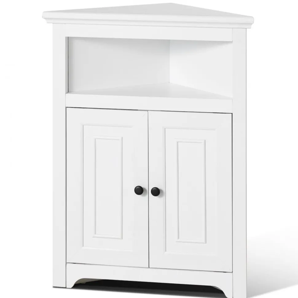 VEVOR 32" Corner Storage Cabinet, 3 Tiers Small Storage Cabinet with 2 Wooden Doors & Adjustable Shelves, Freestanding Corner Kitchen Cabinet for Living Room, Kitchen, Laundry Room, Bathroom, White