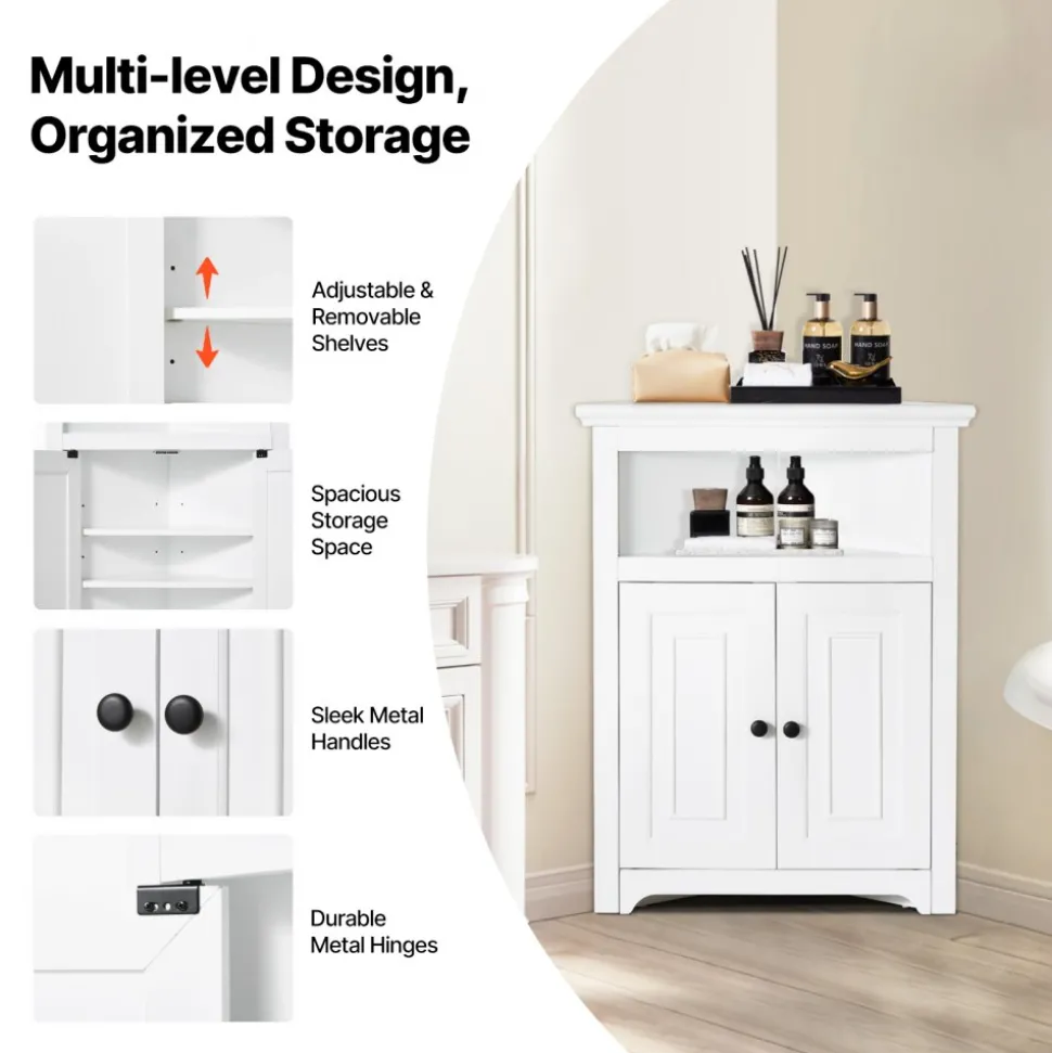 VEVOR 32" Corner Storage Cabinet, 3 Tiers Small Storage Cabinet with 2 Wooden Doors & Adjustable Shelves, Freestanding Corner Kitchen Cabinet for Living Room, Kitchen, Laundry Room, Bathroom, White