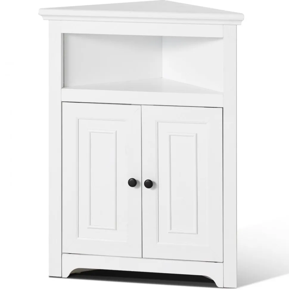 VEVOR 32" Corner Storage Cabinet, 3 Tiers Small Storage Cabinet with 2 Wooden Doors & Adjustable Shelves, Freestanding Corner Kitchen Cabinet for Living Room, Kitchen, Laundry Room, Bathroom, White
