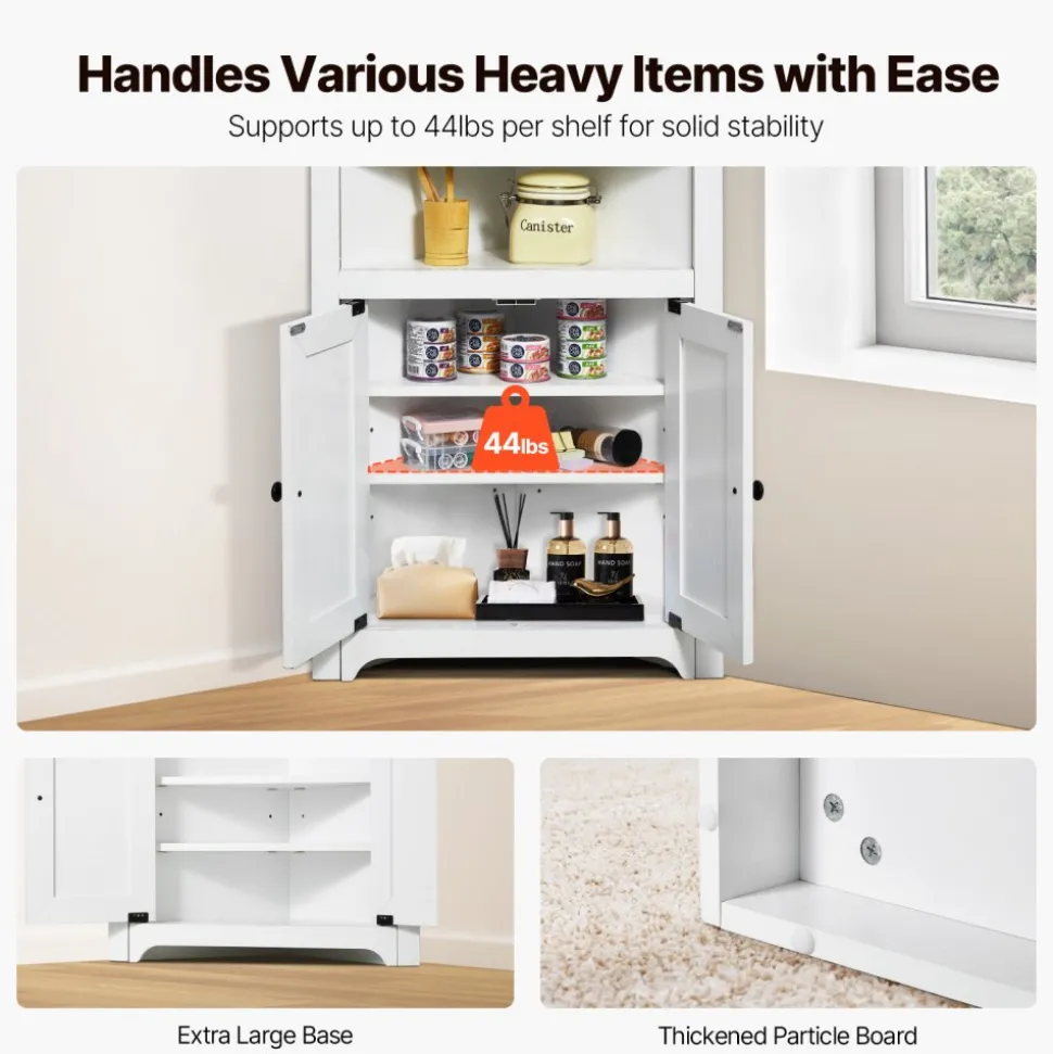 VEVOR 32" Corner Storage Cabinet, 3 Tiers Small Storage Cabinet with 2 Wooden Doors & Adjustable Shelves, Freestanding Corner Kitchen Cabinet for Living Room, Kitchen, Laundry Room, Bathroom, White